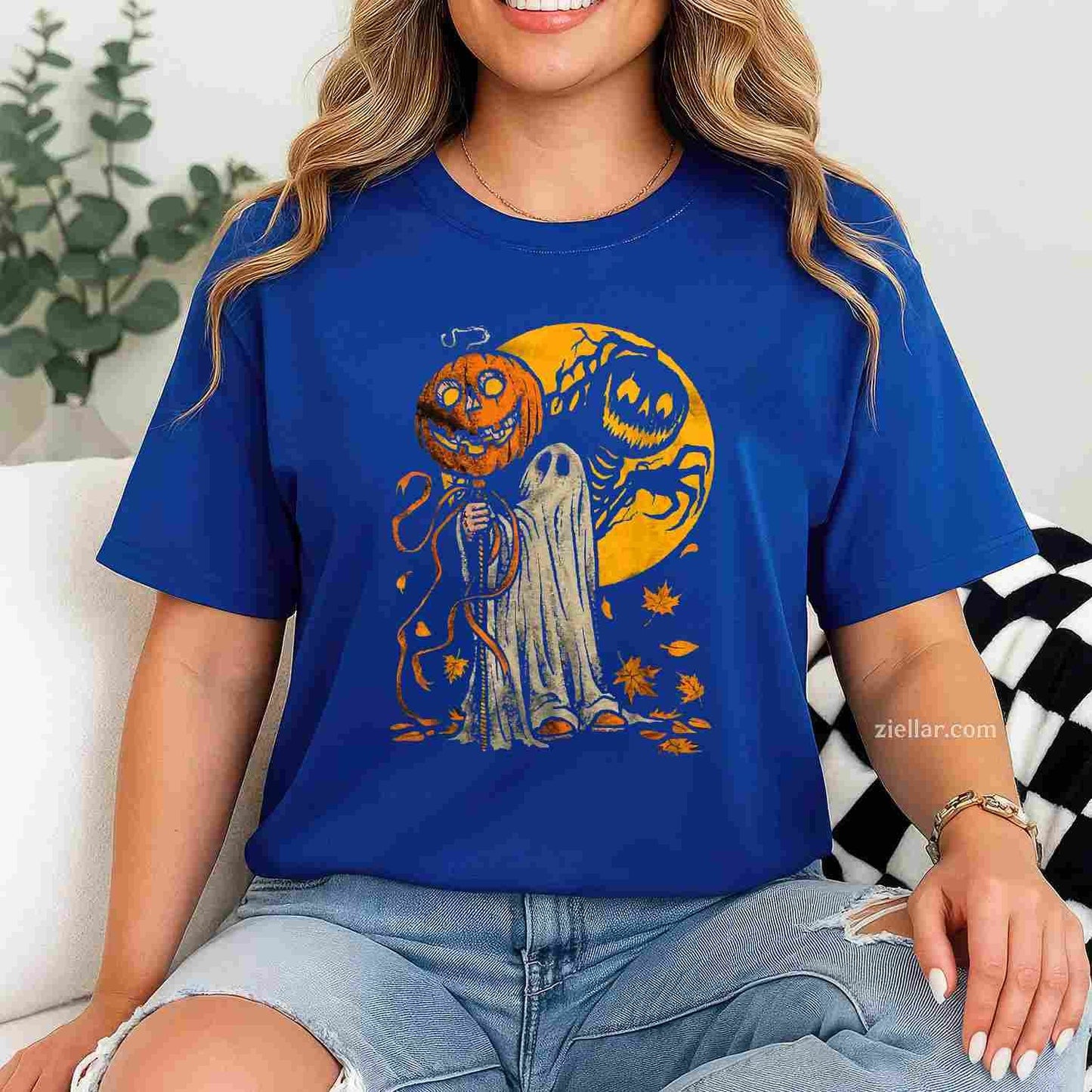 Halloween Pumpkin Ghost Autumn Leaves Graphic Art Tee, Halloween T-Shirt for Men Women Adults Unisex, Vintage Retro Graphic, Funny Novelty Gift