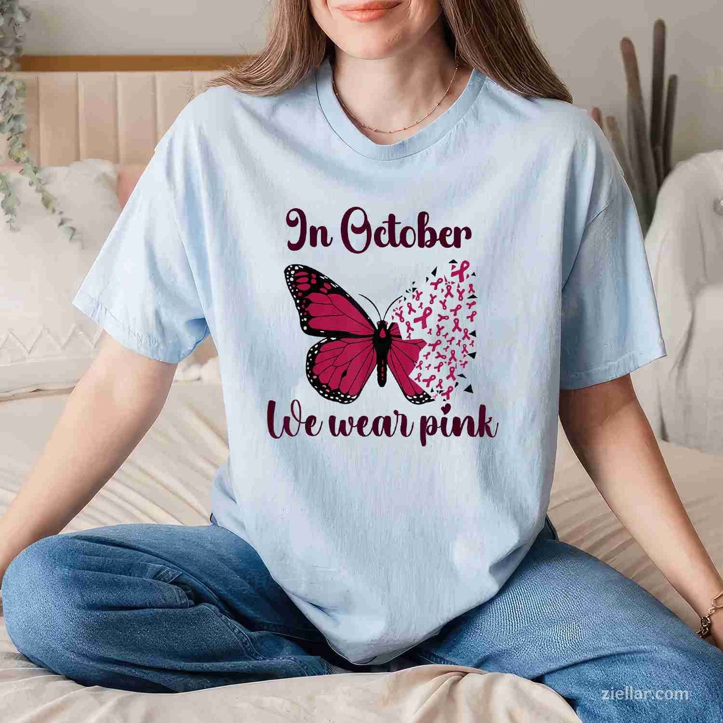 Halloween In October We Wear Pink Breast Cancer Awareness Funny Graphic Tee and T-Shirt Gift for Adults Men Women Unisex Perfect Gift