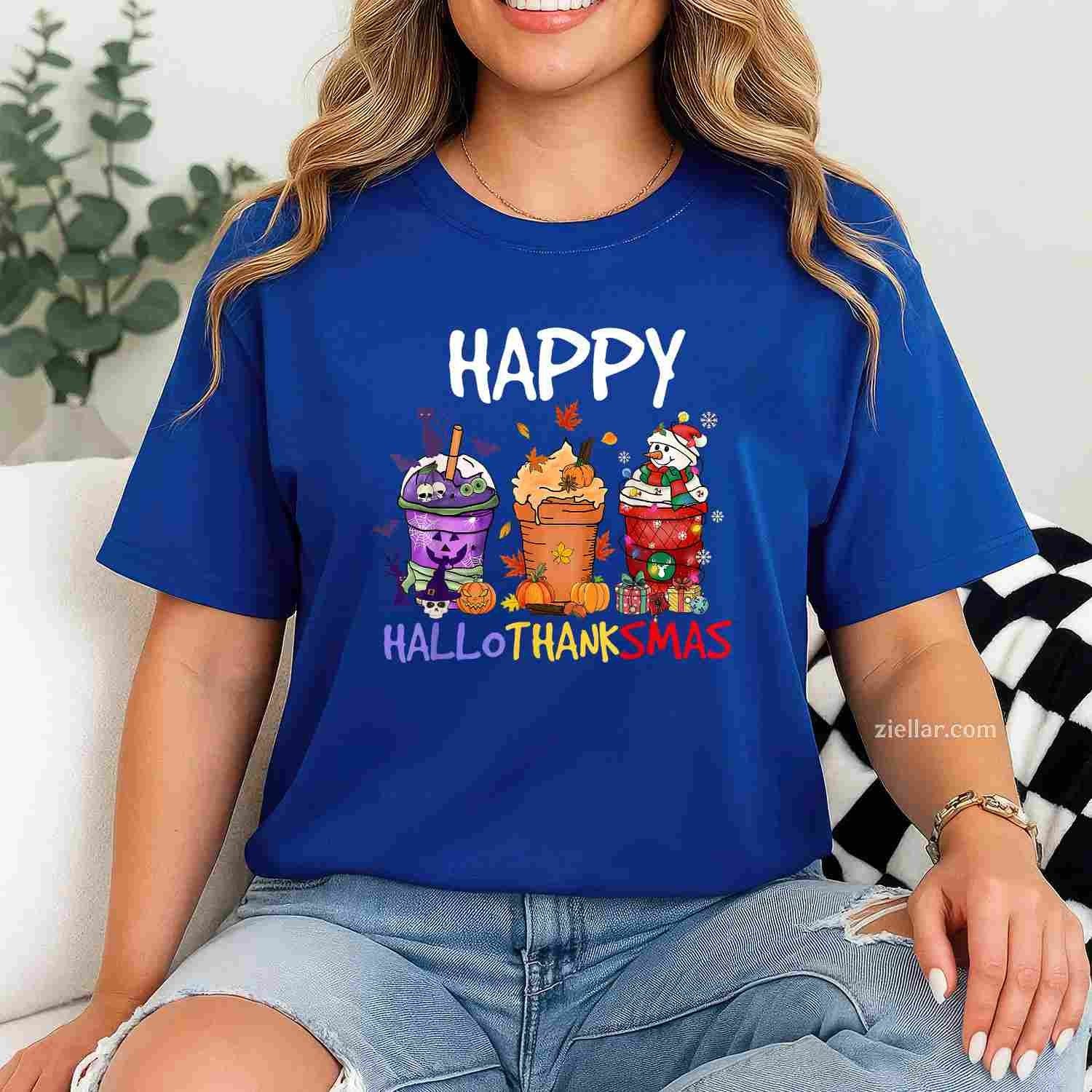 Halloween Thanksgiving Happy Hallothanksmas Season Coffee Funny Graphic Tee and T-Shirt Gift for Adults Men Women Unisex