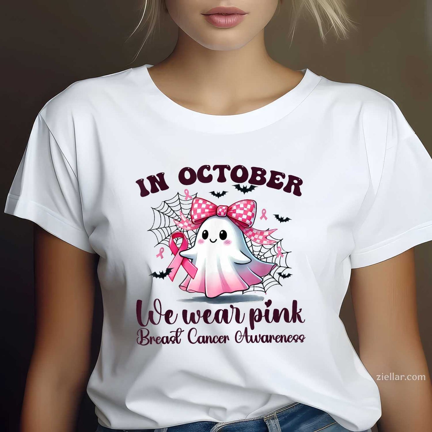 Halloween In October We Wear Pink Breast Cancer Awareness Funny Graphic Tee and T-Shirt Gift for Adults Men Women Unisex