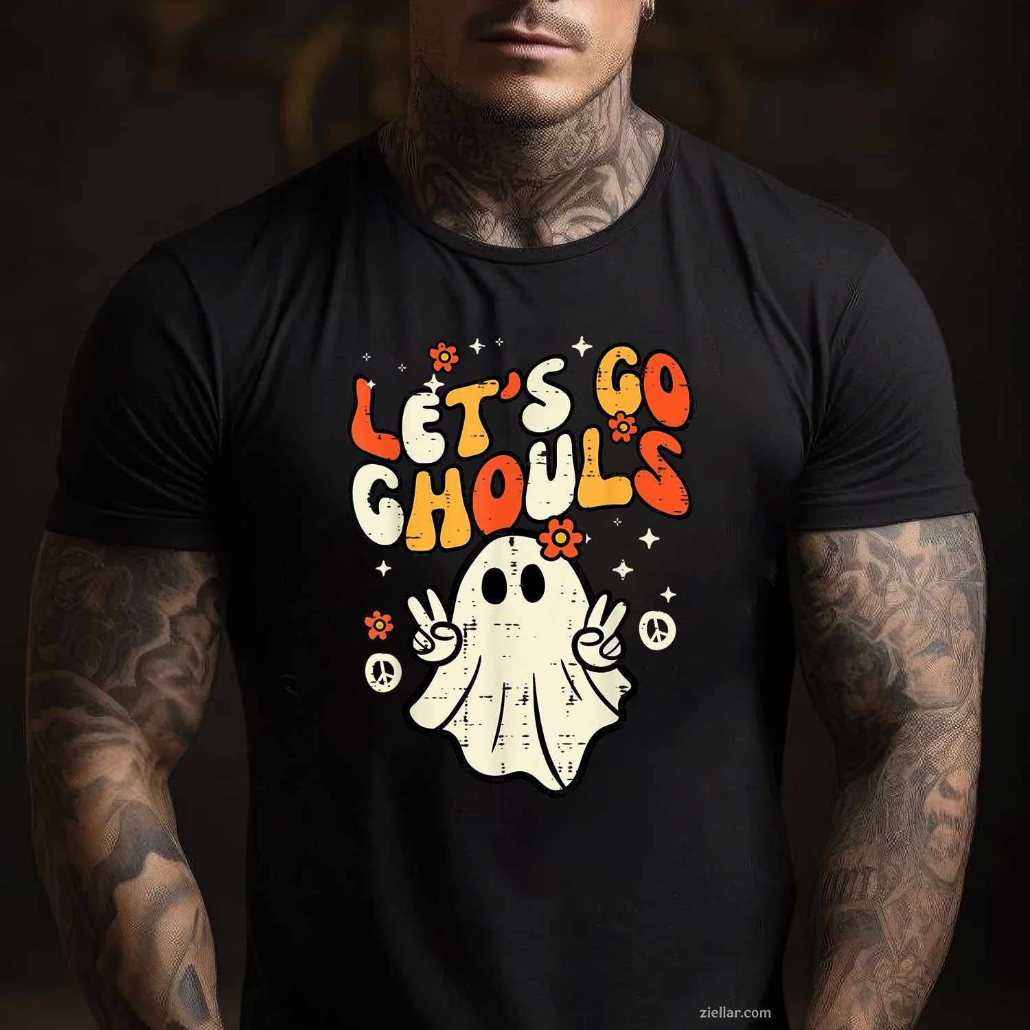 Halloween Lets Go Ghouls Ghost Retro Costume Women Tee, Halloween T-Shirt for Men Women Adults Unisex, Bold Statement Graphic, Party Outfit Favorite