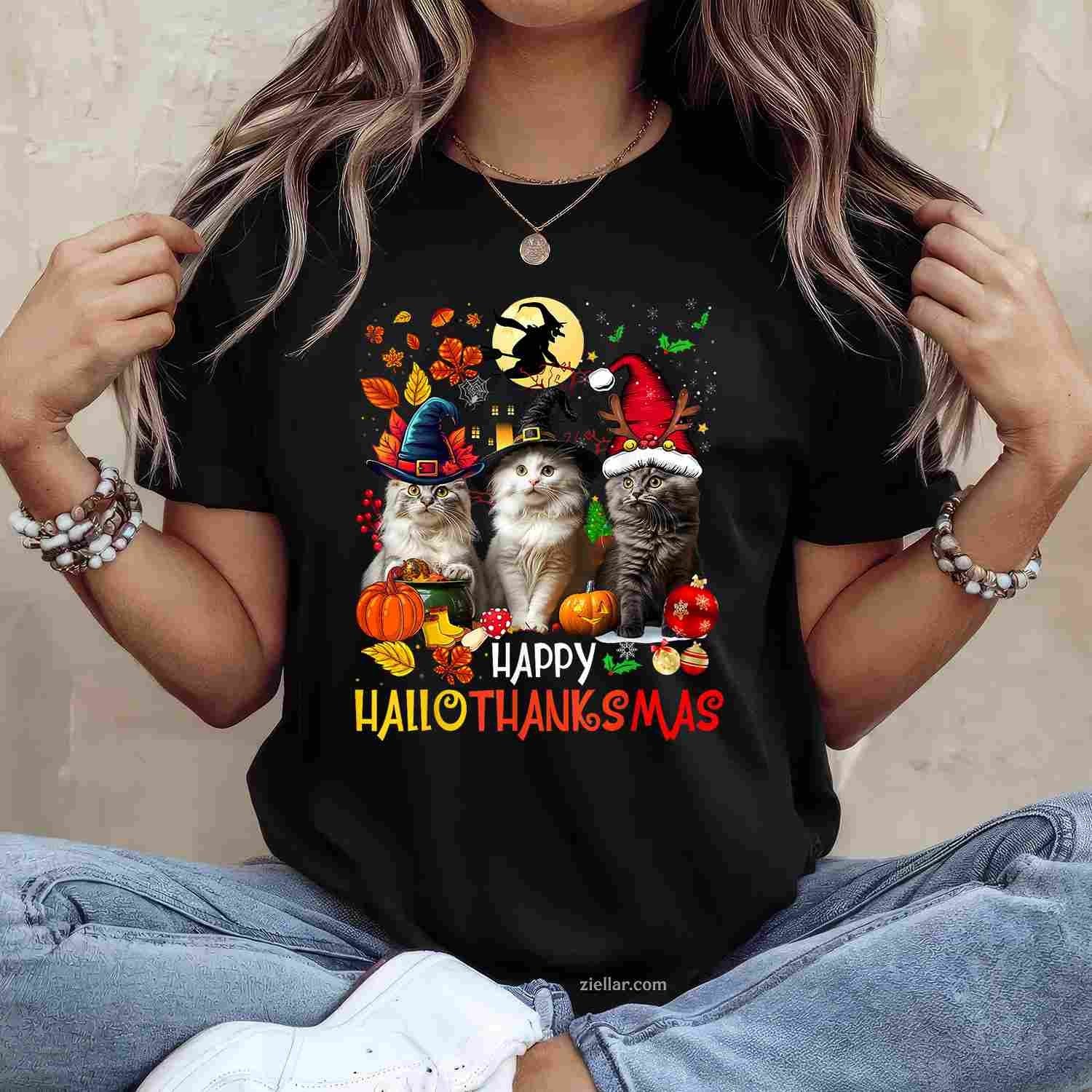 Halloween Thanksgiving Christmas Happy HalloThanksMas Cats Tee, Halloween T-Shirt for Men Women Adults Unisex, Trendy Graphic Apparel, Unique Gift Idea