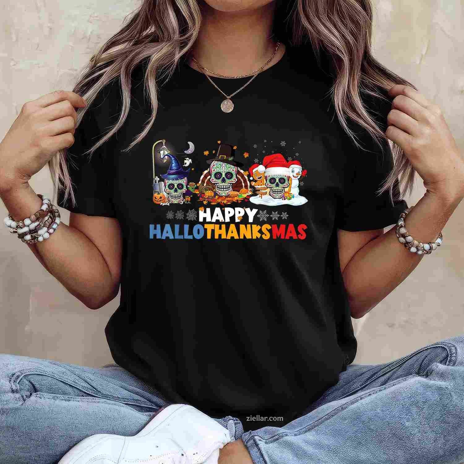 Halloween Thanksgiving Xmas Happy Hallothanksmas Sugar Skull Funny Graphic Tee and T-Shirt Gift for Adults Men Women Unisex