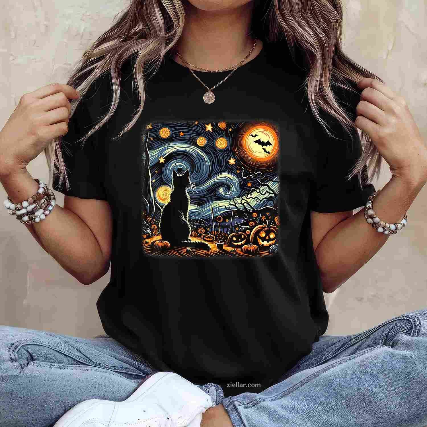 Halloween Black Cat Van Gogh Starry Night Cat Lovers Cat Tee, Halloween T-Shirt for Men Women Adults Unisex, Bold Statement Graphic, Party Outfit Favorite