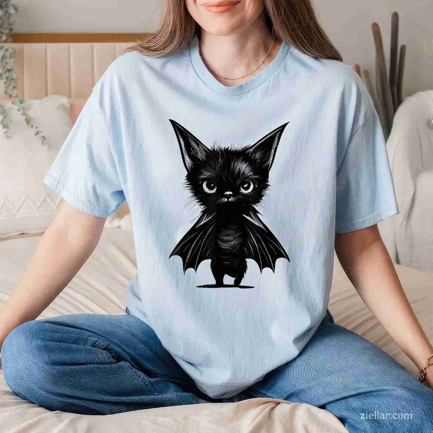 Halloween Grumpy Black Kitten In Bat Costume Tee, Halloween T-Shirt for Men Women Adults Unisex, Trendy Graphic Apparel, Unique Gift Idea