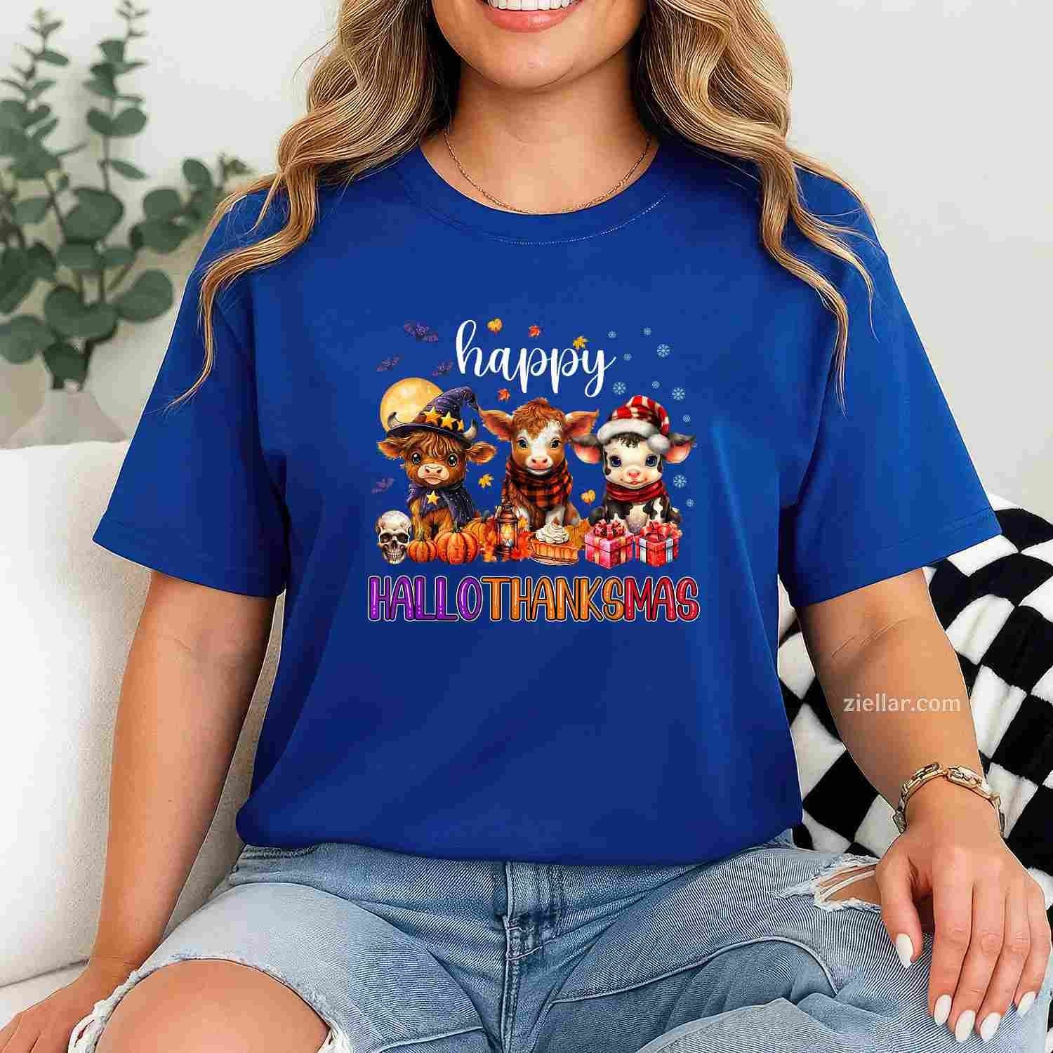 Halloween Thanksgiving Christmas Happy HalloThanksMas Cows Funny Graphic Tee and T-Shirt Gift for Adults Men Women Unisex