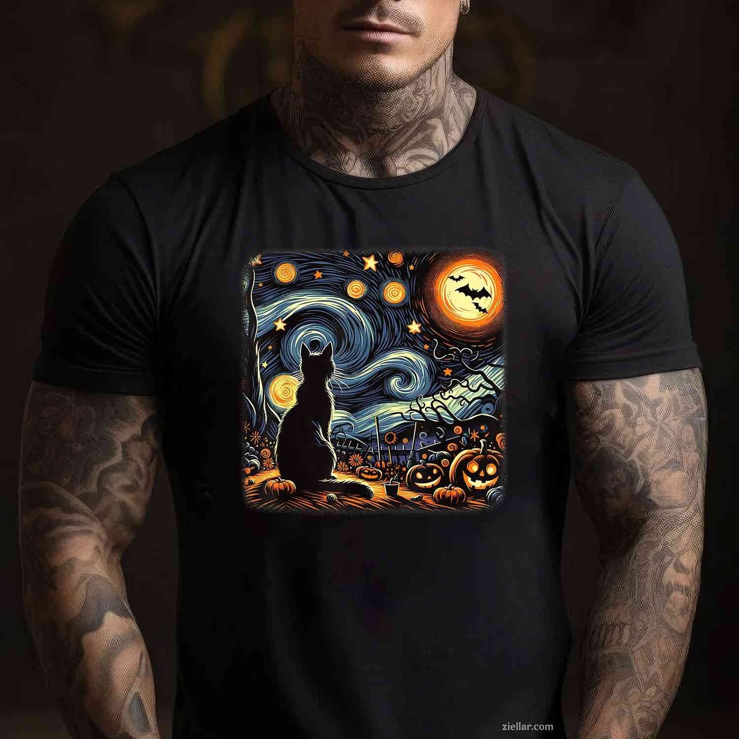 Halloween Black Cat Van Gogh Starry Night Cat Lovers Cat Tee, Halloween T-Shirt for Men Women Adults Unisex, Bold Statement Graphic, Party Outfit Favorite