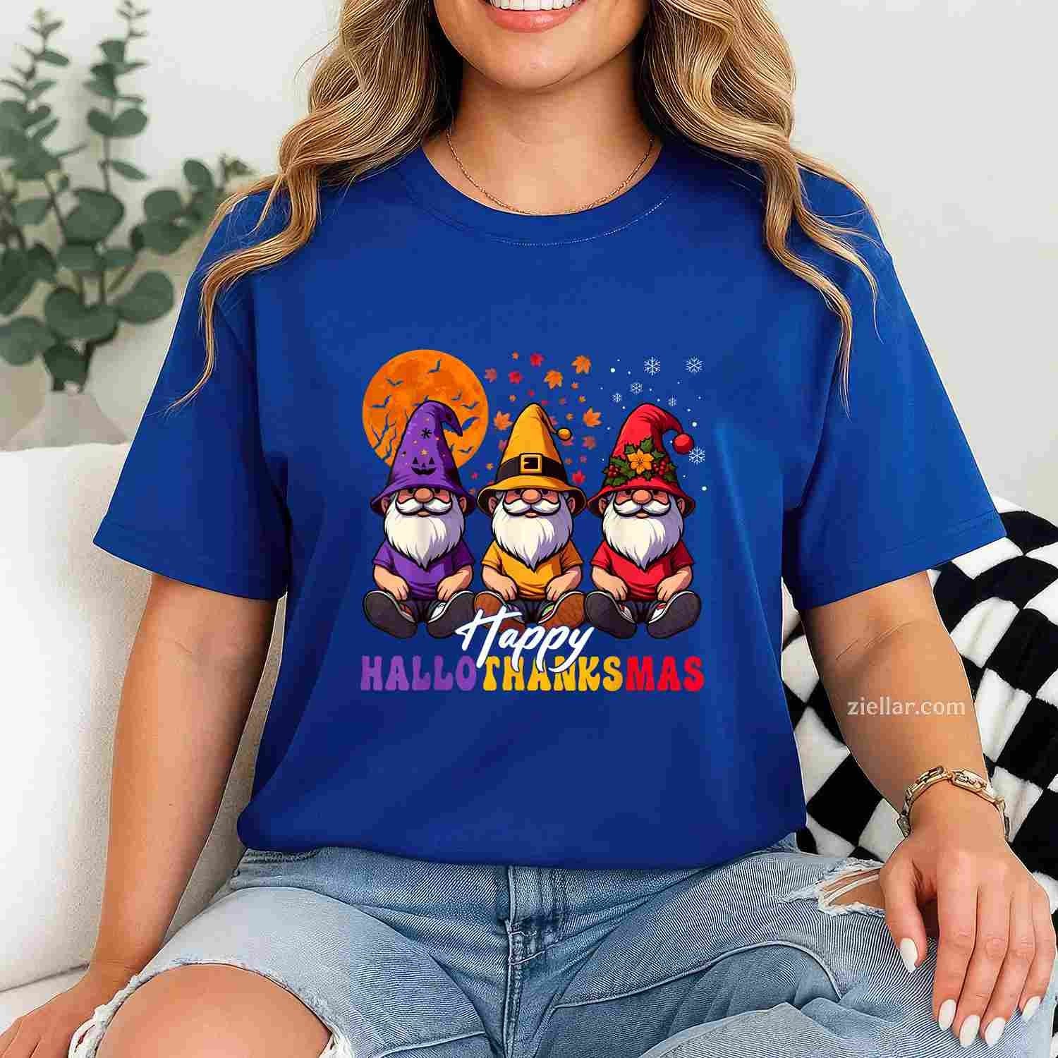 Halloween Thanksgiving Christmas Happy HalloThanksMas Gnomes Funny Graphic Tee and T-Shirt Gift for Adults Men Women Unisex