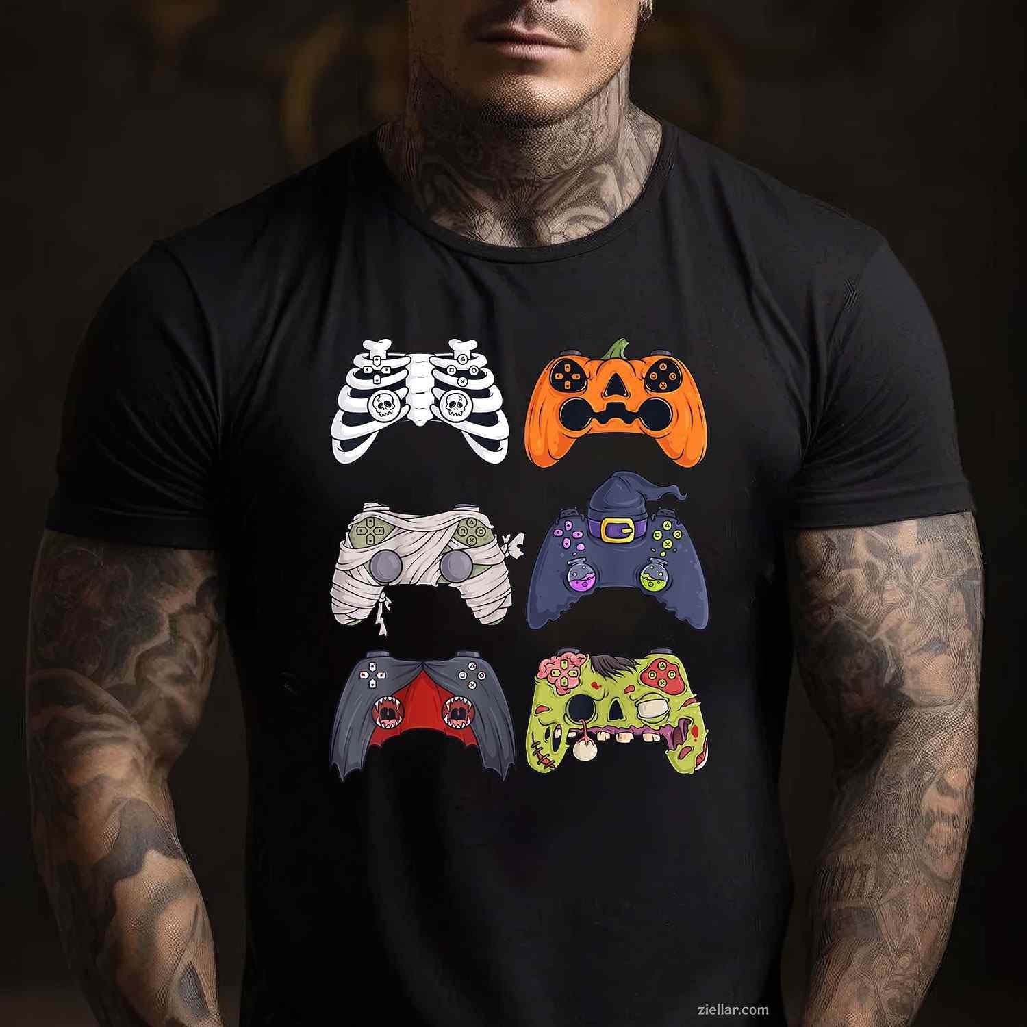 Halloween Skeleton Zombie Gaming Controllers Mummy Tee, Halloween T-Shirt for Men Women Adults Unisex, Classic Fit Unisex Design, Everyday Wear Essential