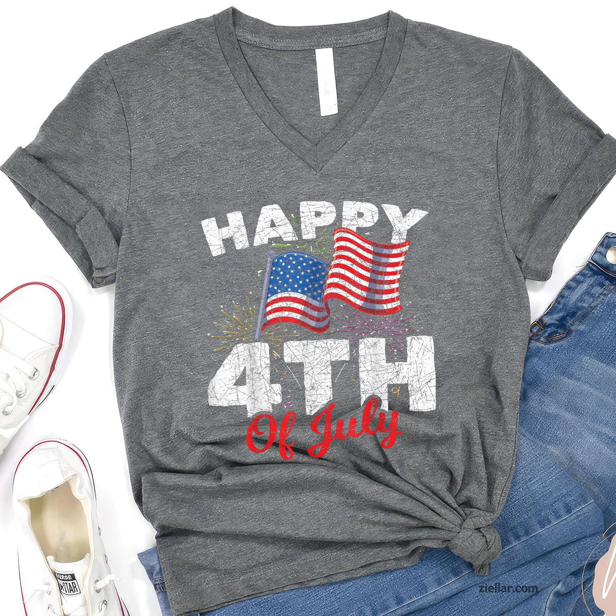 Happy 4th Of July Patriotic American US Flag V-Neck Shirt