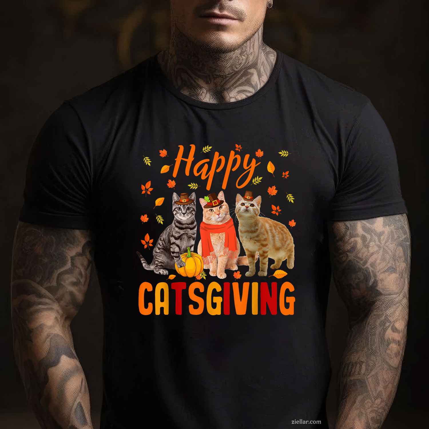 Happy Catsgiving Cute Thanksgiving Cat Wears Pilgrim Hat T-Shirt and Tee for Adults Men Women Unisex