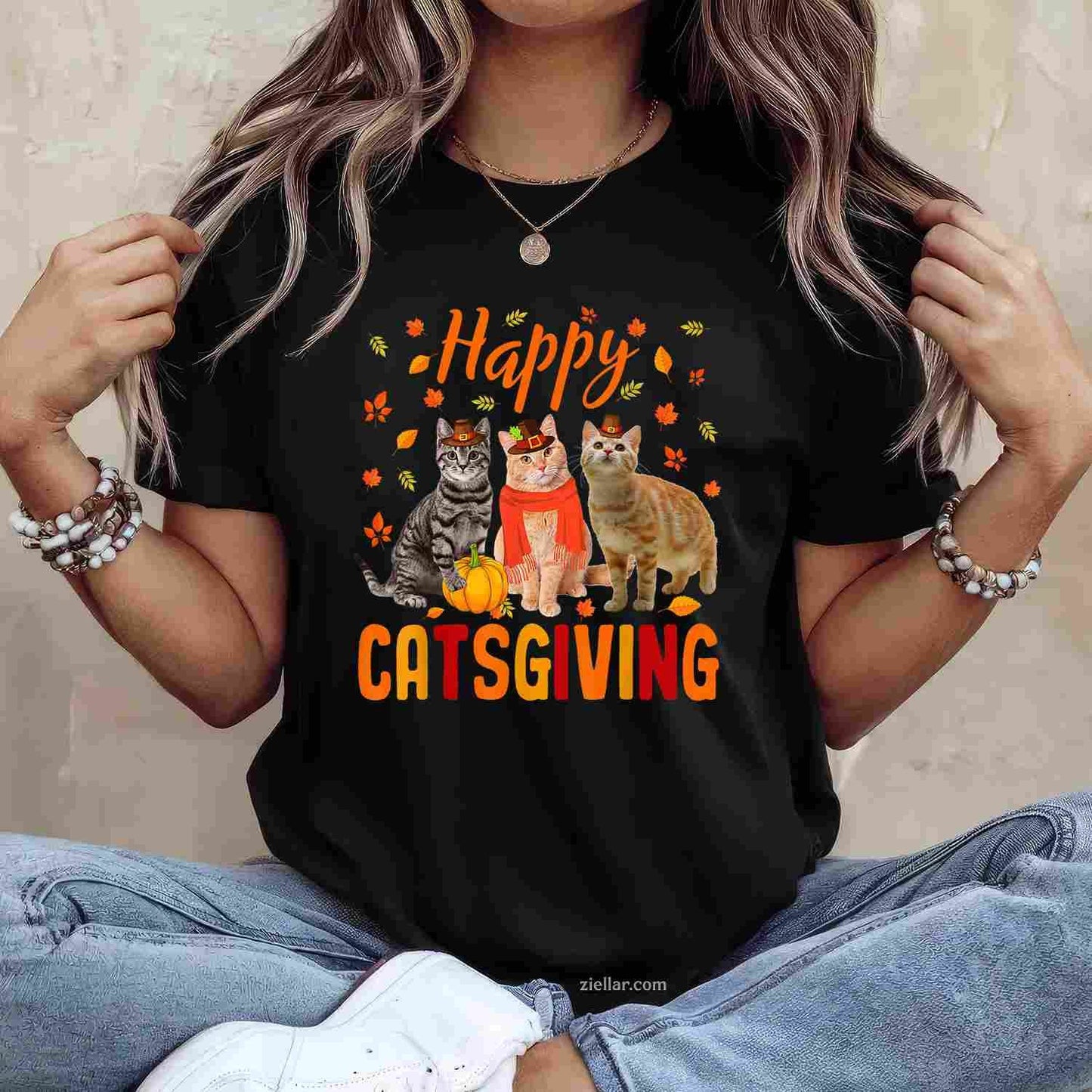 Happy Catsgiving Cute Thanksgiving Cat Wears Pilgrim Hat Tee, Thanksgiving T-Shirt for Men Women Adults Unisex, Trendy Graphic Apparel, Unique Gift Idea