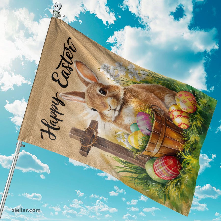 Happy Easter Bunny with Cross and Colorful Eggs Spring Christian Holiday Decor