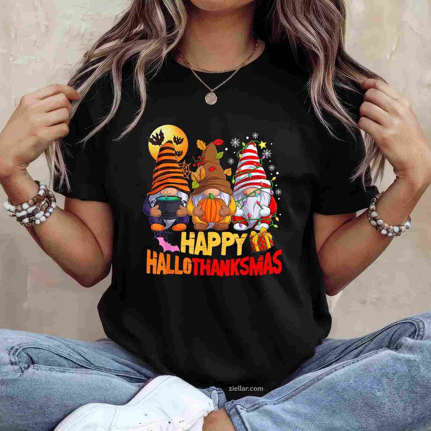Happy Hallothanksmas Gnomes Lover Halloween Merry Christmas Funny Graphic Tee and T-Shirt Gift for Adults Men Women Unisex Tee Gift