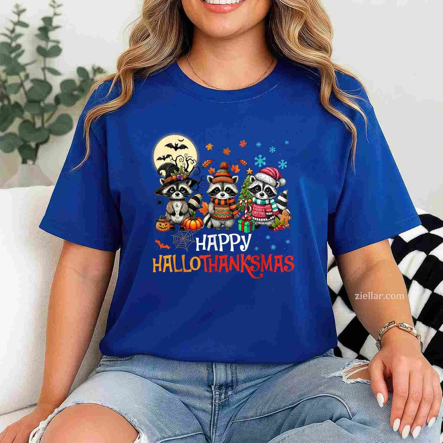 Happy Hallothanksmas Raccoon Lover Halloween Merry Christmas Funny Graphic Tee and T-Shirt Gift for Adults Men Women Unisex