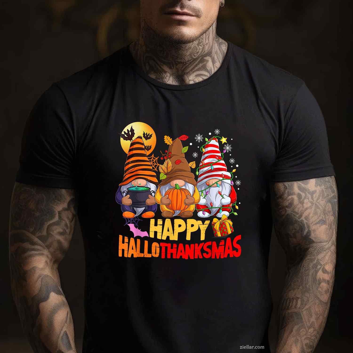 Happy Hallothanksmas Gnomes Lover Halloween Merry Christmas Funny Graphic Tee and T-Shirt Gift for Adults Men Women Unisex Tee Gift