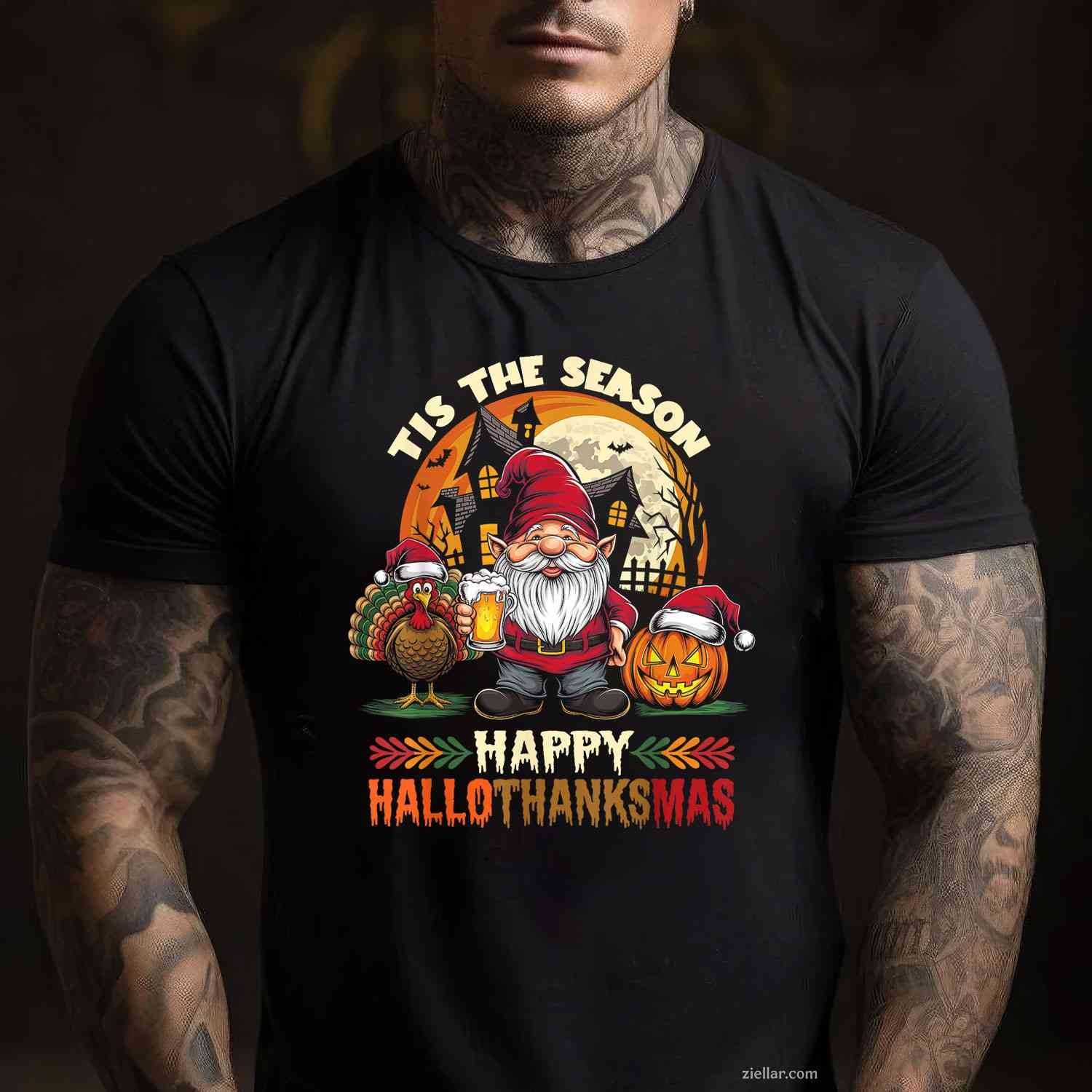 Happy Hallothanksmas Halloween Thanksgiving Merry Christmas Funny Graphic Tee and T-Shirt Gift for Adults Men Women Unisex Limited Edition