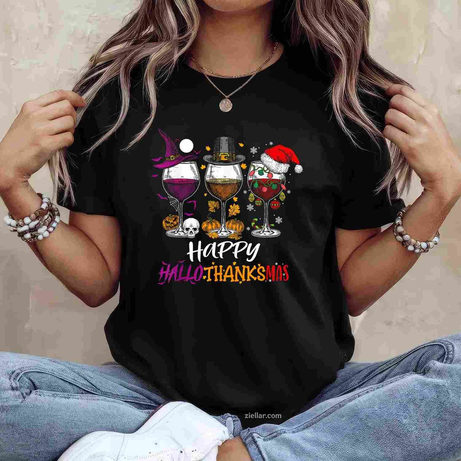 Happy Hallothanksmas Halloween Wine Thanksgiving Christmas Funny Graphic Tee and T-Shirt Gift for Adults Men Women Unisex