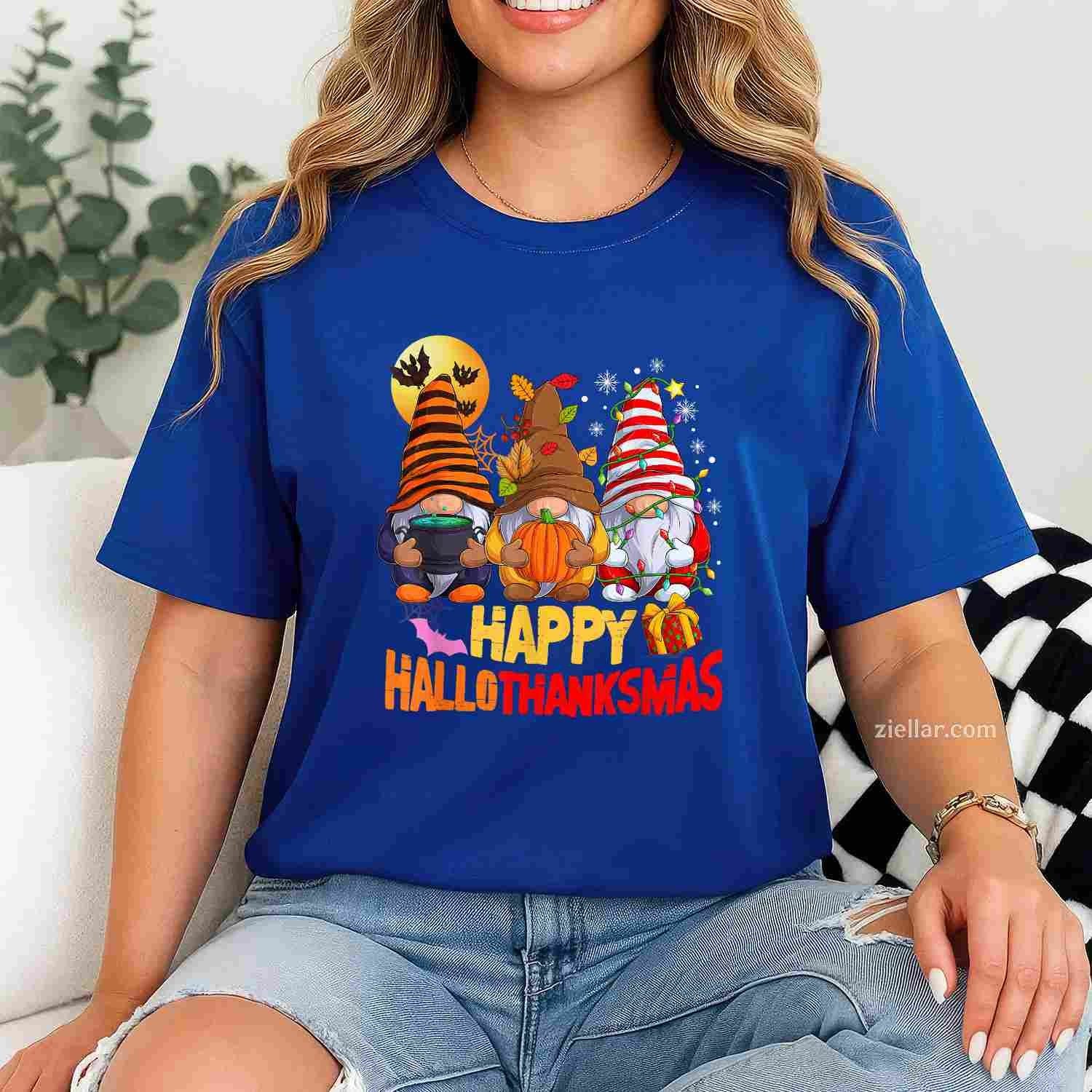 Happy Hallothanksmas Gnomes Lover Halloween Merry Christmas Funny Graphic Tee and T-Shirt Gift for Adults Men Women Unisex Limited Edition