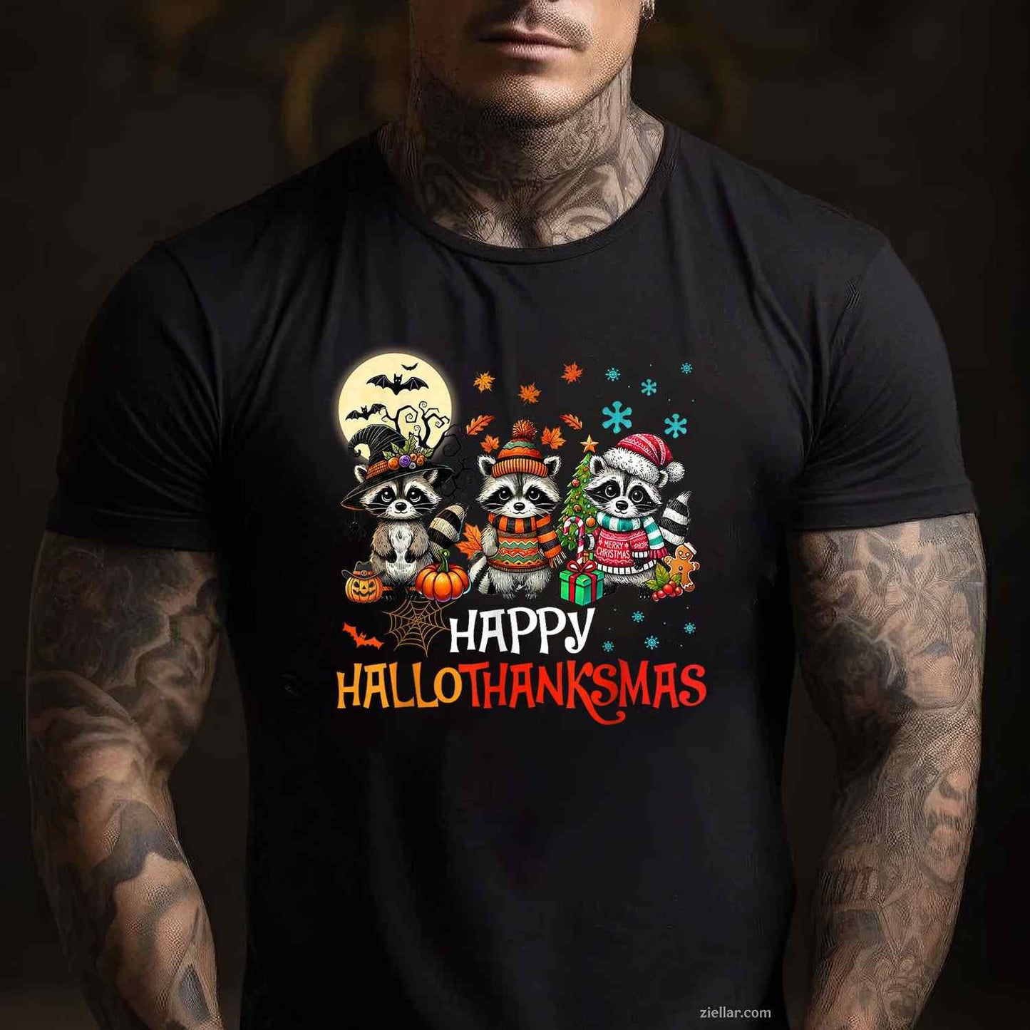 Happy Hallothanksmas Raccoon Lover Halloween Merry Christmas Funny Graphic Tee and T-Shirt Gift for Adults Men Women Unisex