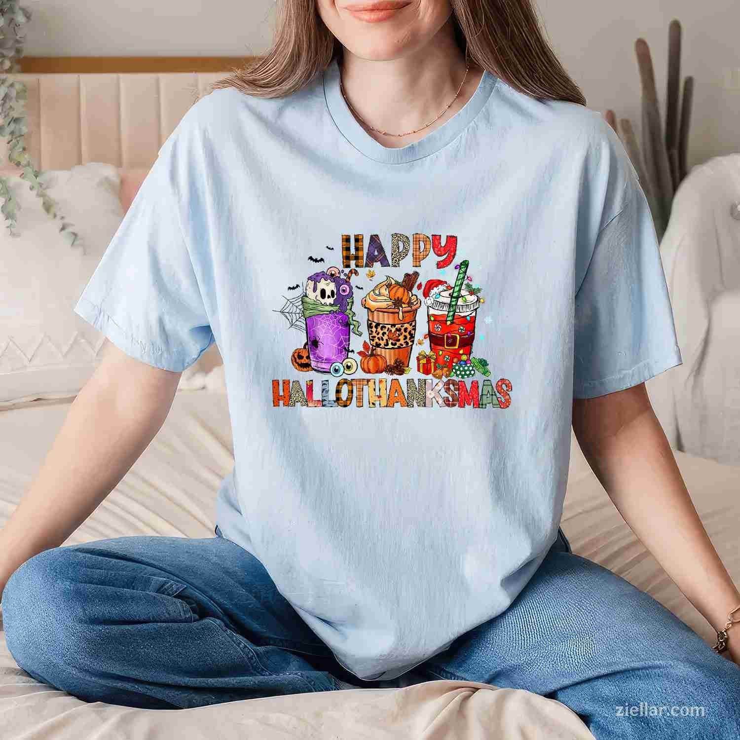 Happy Hallothanksmas Halloween Coffee Latte Thanksgiving Funny Graphic Tee and T-Shirt Gift for Adults Men Women Unisex