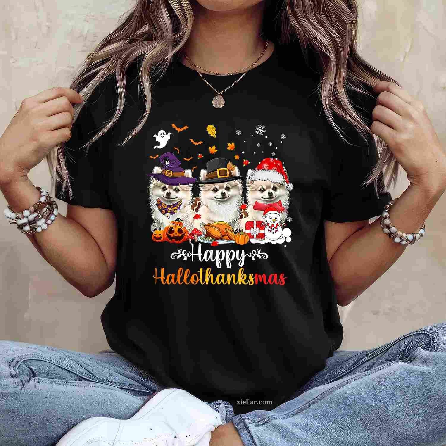 Happy Hallothanksmas Pomeranian Dog Halloween Christmas Men Women Kids Funny Graphic Tee and T-Shirt Gift for Adults Men Women Unisex