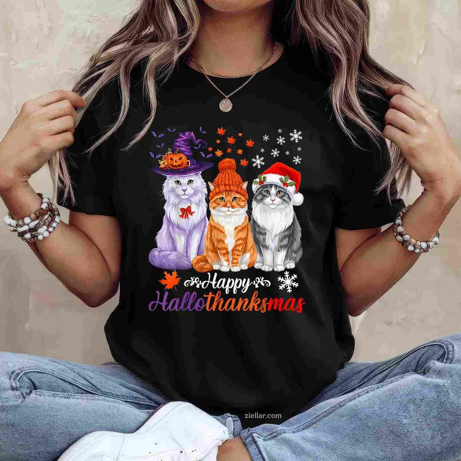 Happy HalloThanksMas Cats Halloween Thanksgiving Christmas Funny Graphic Tee and T-Shirt Gift for Adults Men Women Unisex