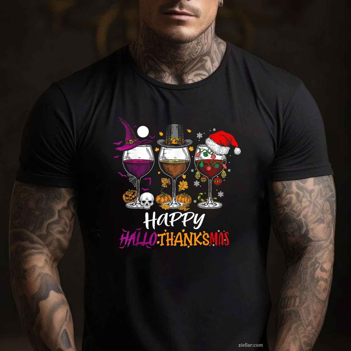 Happy Hallothanksmas Halloween Wine Thanksgiving Christmas Funny Graphic Tee and T-Shirt Gift for Adults Men Women Unisex