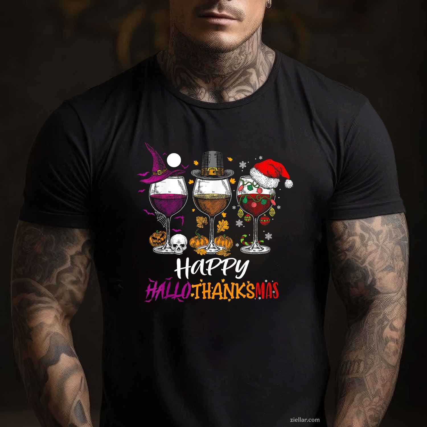 Happy Hallothanksmas Halloween Wine Thanksgiving Christmas Funny Graphic Tee and T-Shirt Gift for Adults Men Women Unisex