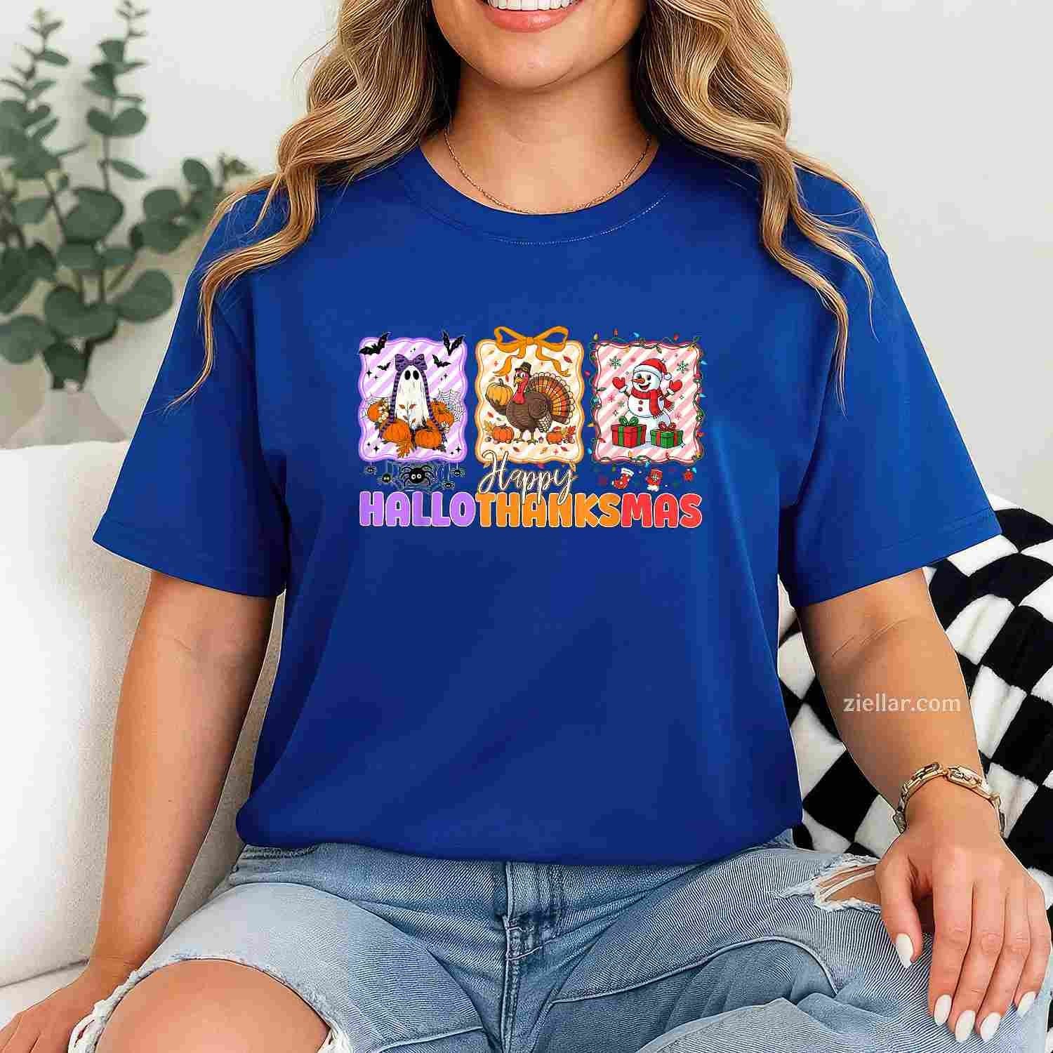 Happy Hallothanksmas Halloween Thanksgiving Christmas Women Funny Graphic Tee and T-Shirt Gift for Adults Men Women Unisex