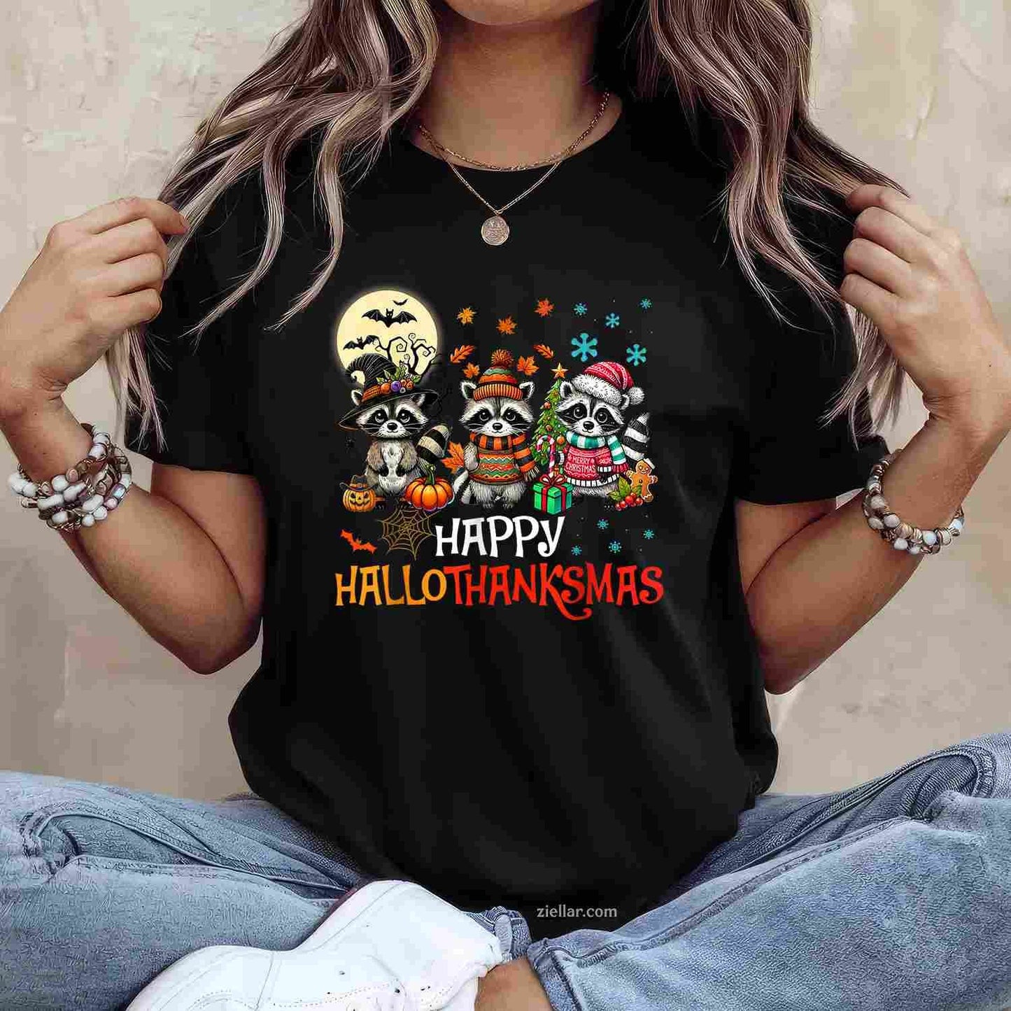 Happy Hallothanksmas Raccoon Lover Halloween Merry Christmas Funny Graphic Tee and T-Shirt Gift for Adults Men Women Unisex