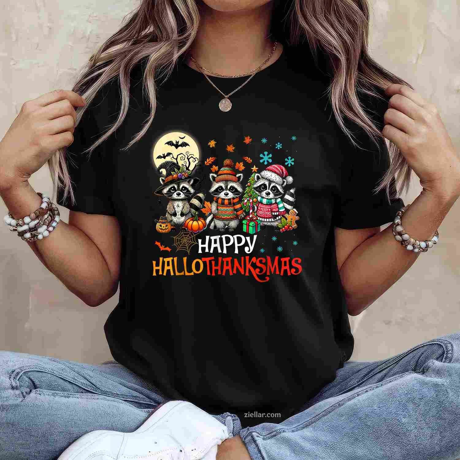 Happy Hallothanksmas Raccoon Lover Halloween Merry Christmas Funny Graphic Tee and T-Shirt Gift for Adults Men Women Unisex