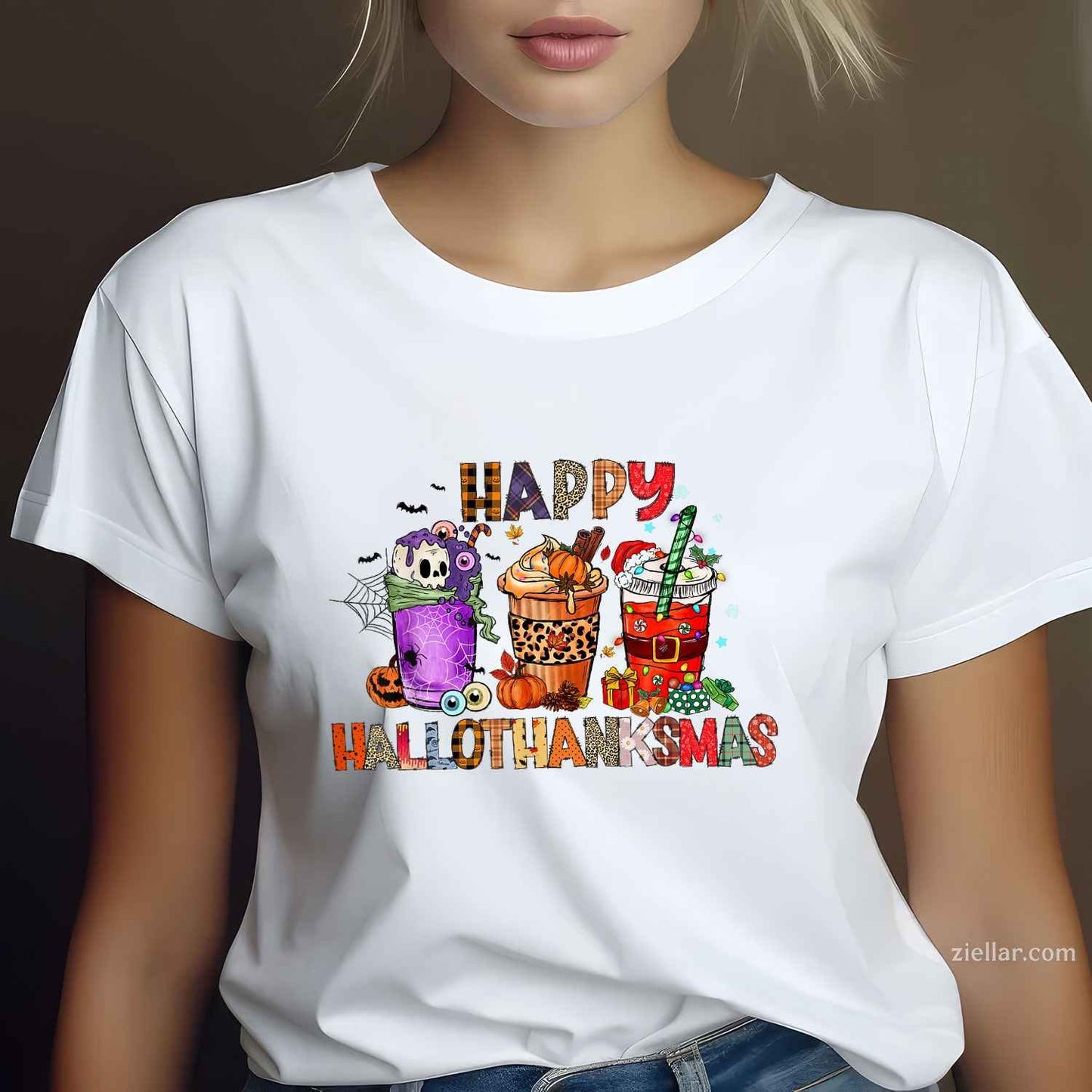Happy Hallothanksmas Halloween Coffee Latte Thanksgiving Funny Graphic Tee and T-Shirt Gift for Adults Men Women Unisex