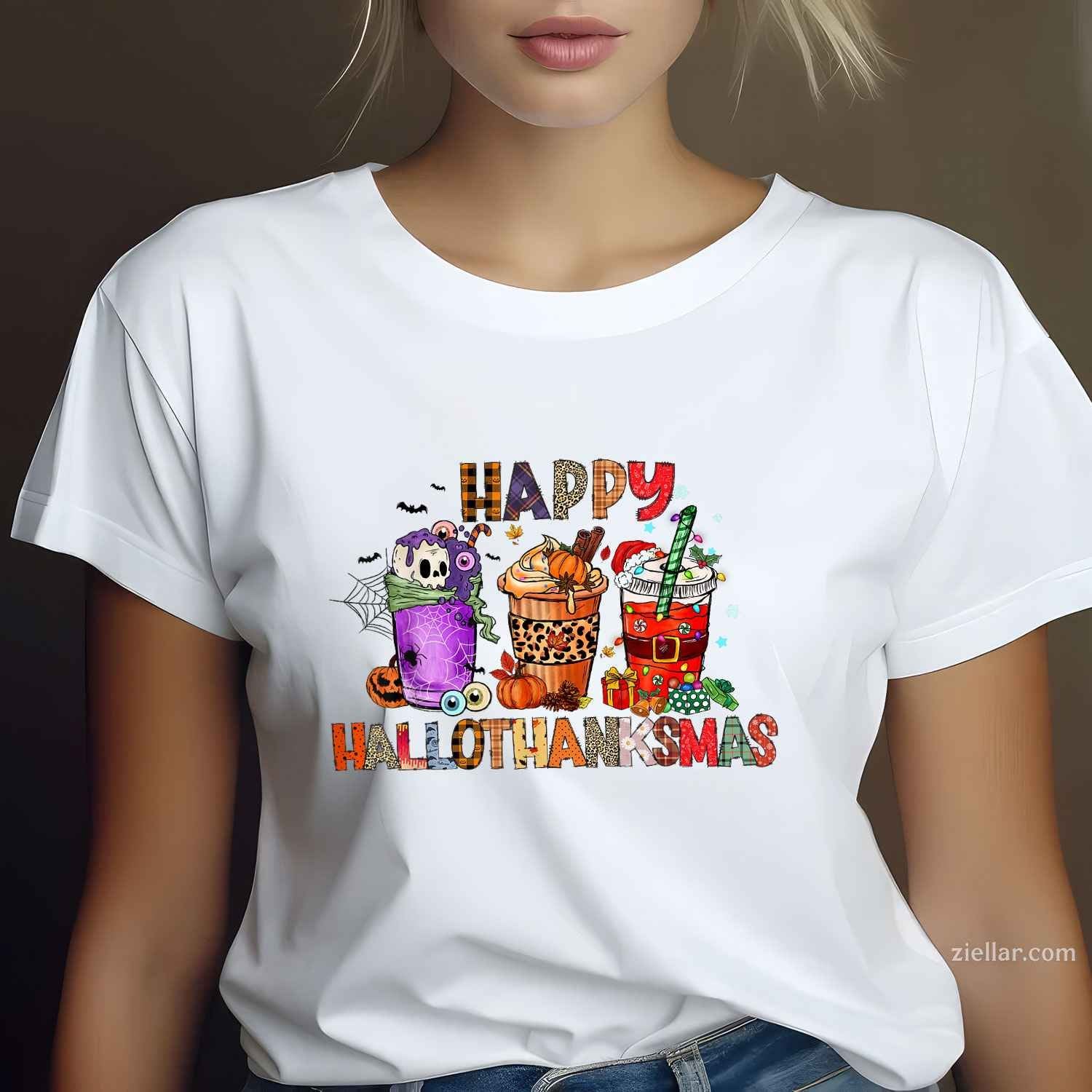 Happy Hallothanksmas Halloween Coffee Latte Thanksgiving Funny Graphic Tee and T-Shirt Gift for Adults Men Women Unisex