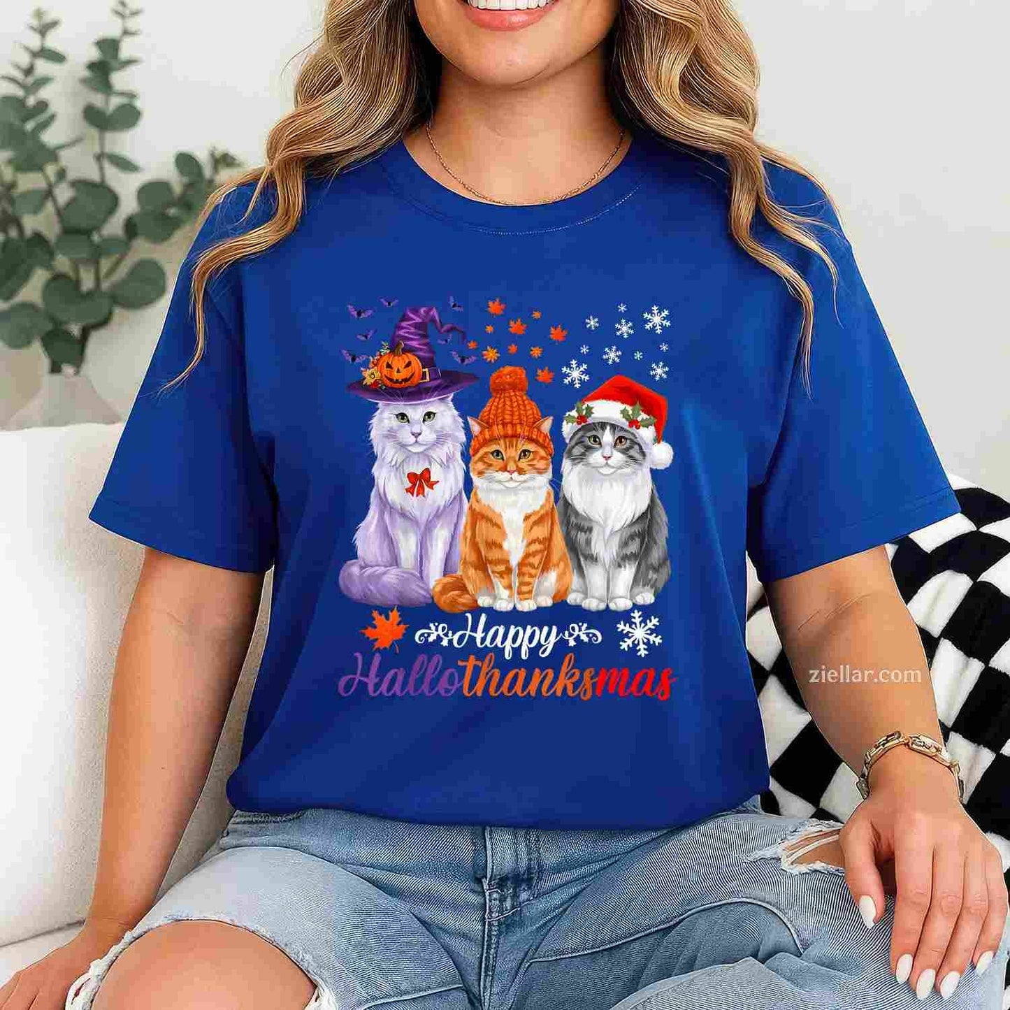 Happy HalloThanksMas Cats Halloween Thanksgiving Christmas Funny Graphic Tee and T-Shirt Gift for Adults Men Women Unisex