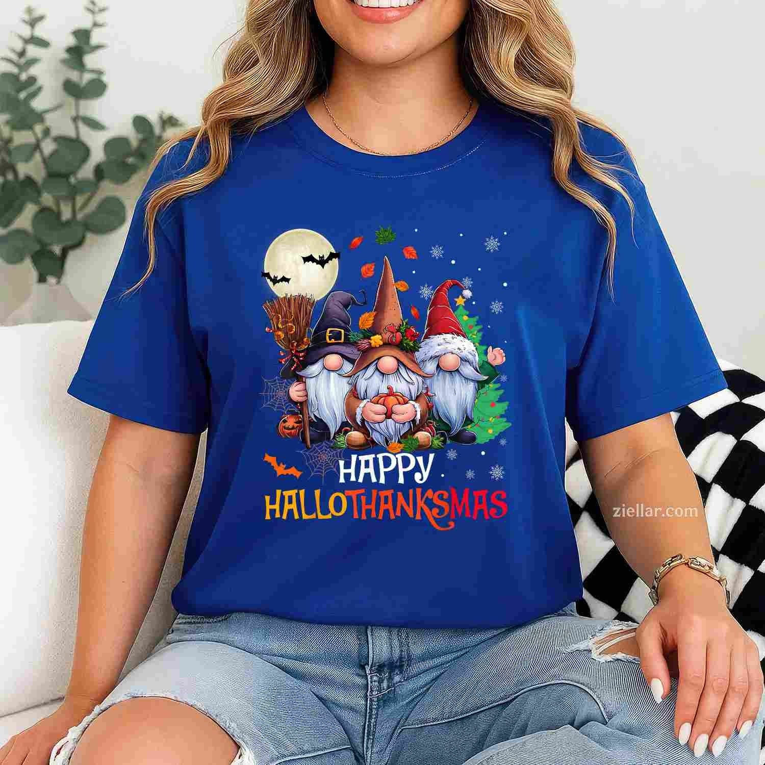 Happy Hallothanksmas Gnomes Lover Halloween Merry Christmas Tee, Halloween T-Shirt for Men Women Adults Unisex, Cool Casual Street Style, Premium Quality