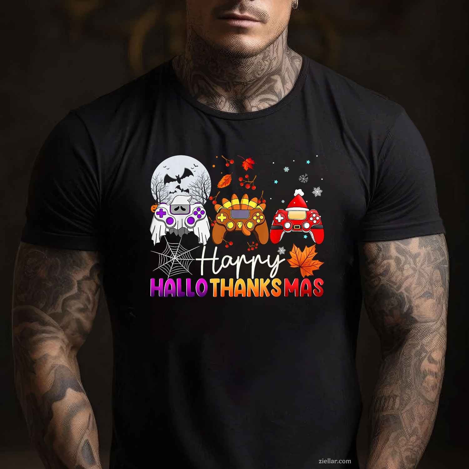 Happy Hallothanksmas Game Controller Gamer Hallothanksmas Funny Graphic Tee and T-Shirt Gift for Adults Men Women Unisex