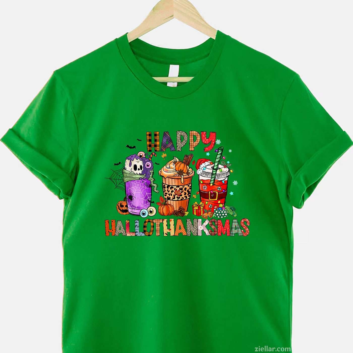 Happy Hallothanksmas Halloween Coffee Latte Thanksgiving Funny Graphic Tee and T-Shirt Gift for Adults Men Women Unisex