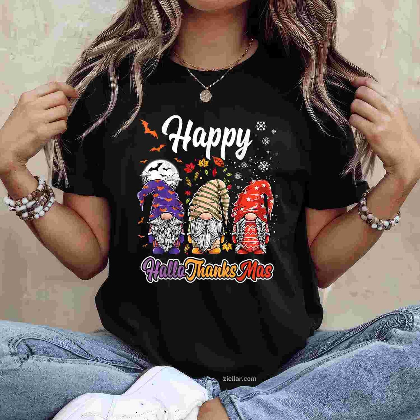 Happy Hallothanksmas Gnomes Halloween Thanksgiving Christmas Funny Graphic Tee and T-Shirt Gift for Adults Men Women Unisex Limited Edition