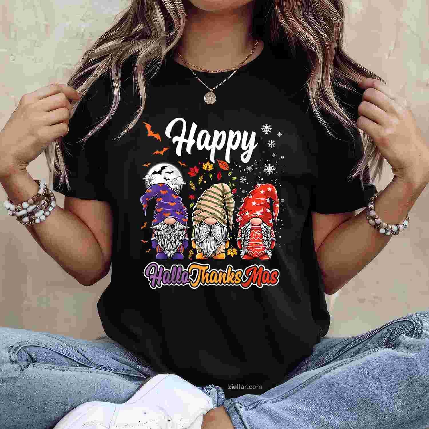 Happy Hallothanksmas Gnomes Halloween Thanksgiving Christmas Funny Graphic Tee and T-Shirt Gift for Adults Men Women Unisex Limited Edition