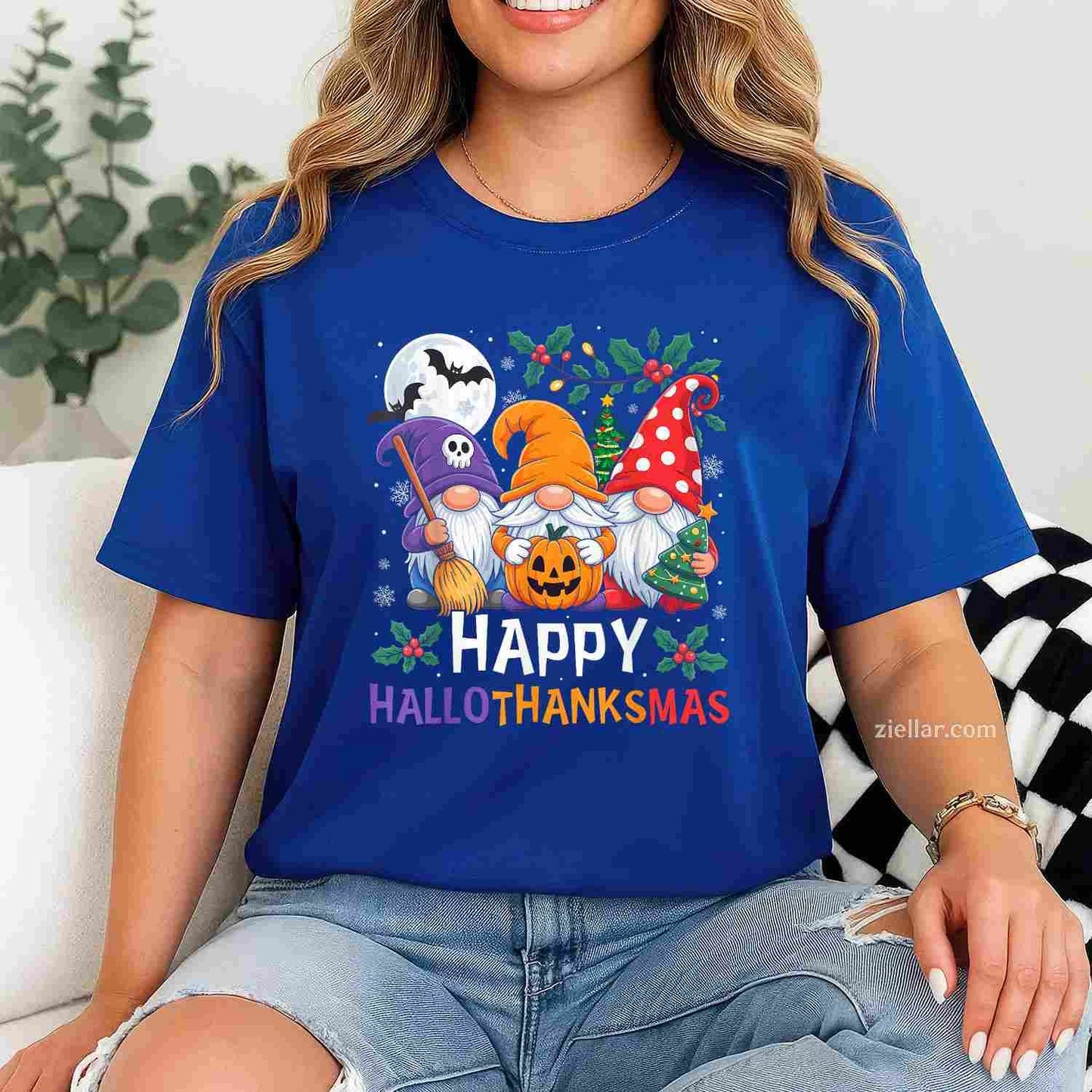 Happy HalloThanksMas Gnomes Halloween Thanksgiving Christmas Funny Graphic Tee and T-Shirt Gift for Adults Men Women Unisex
