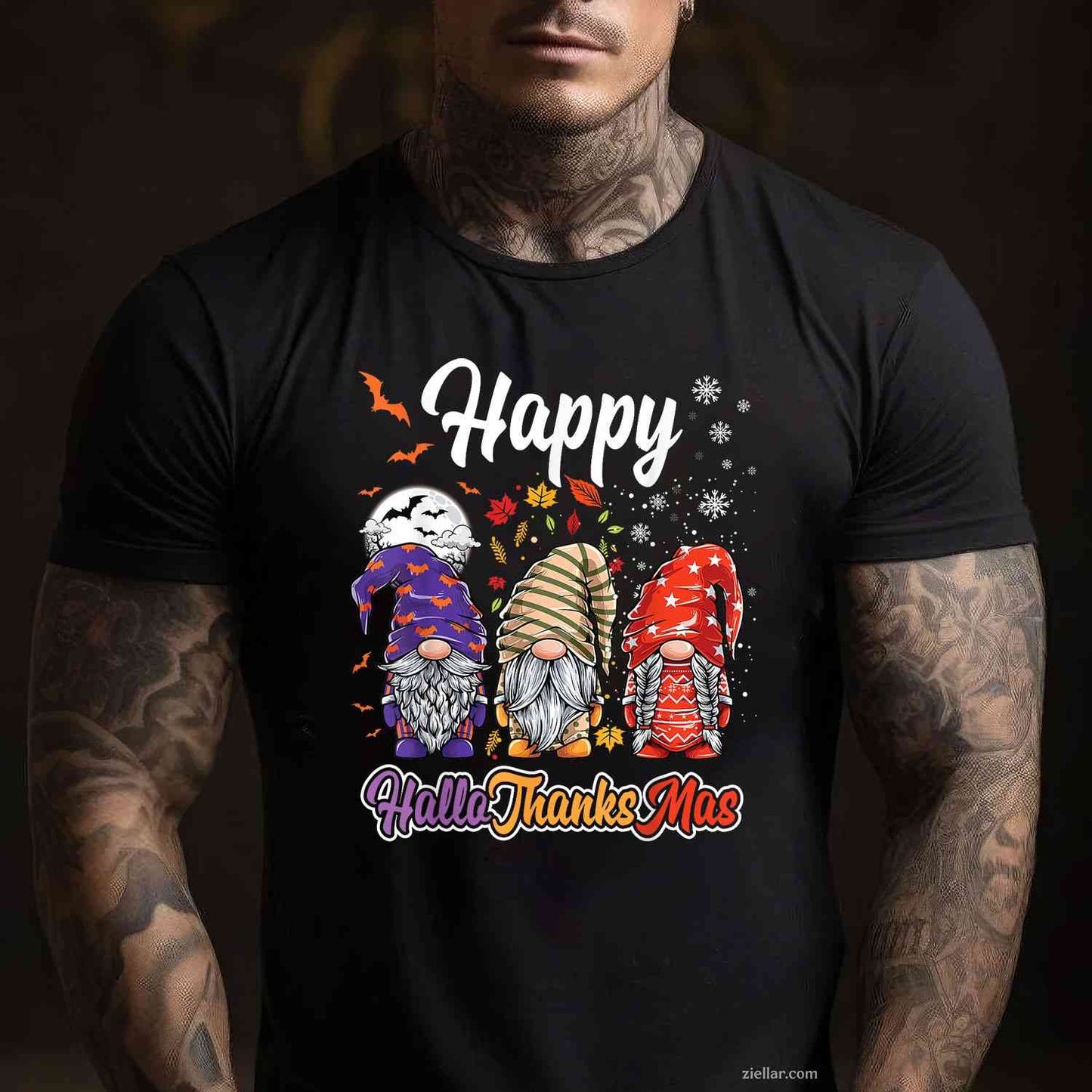 Happy Hallothanksmas Gnomes Halloween Thanksgiving Christmas Funny Graphic Tee and T-Shirt Gift for Adults Men Women Unisex Limited Edition