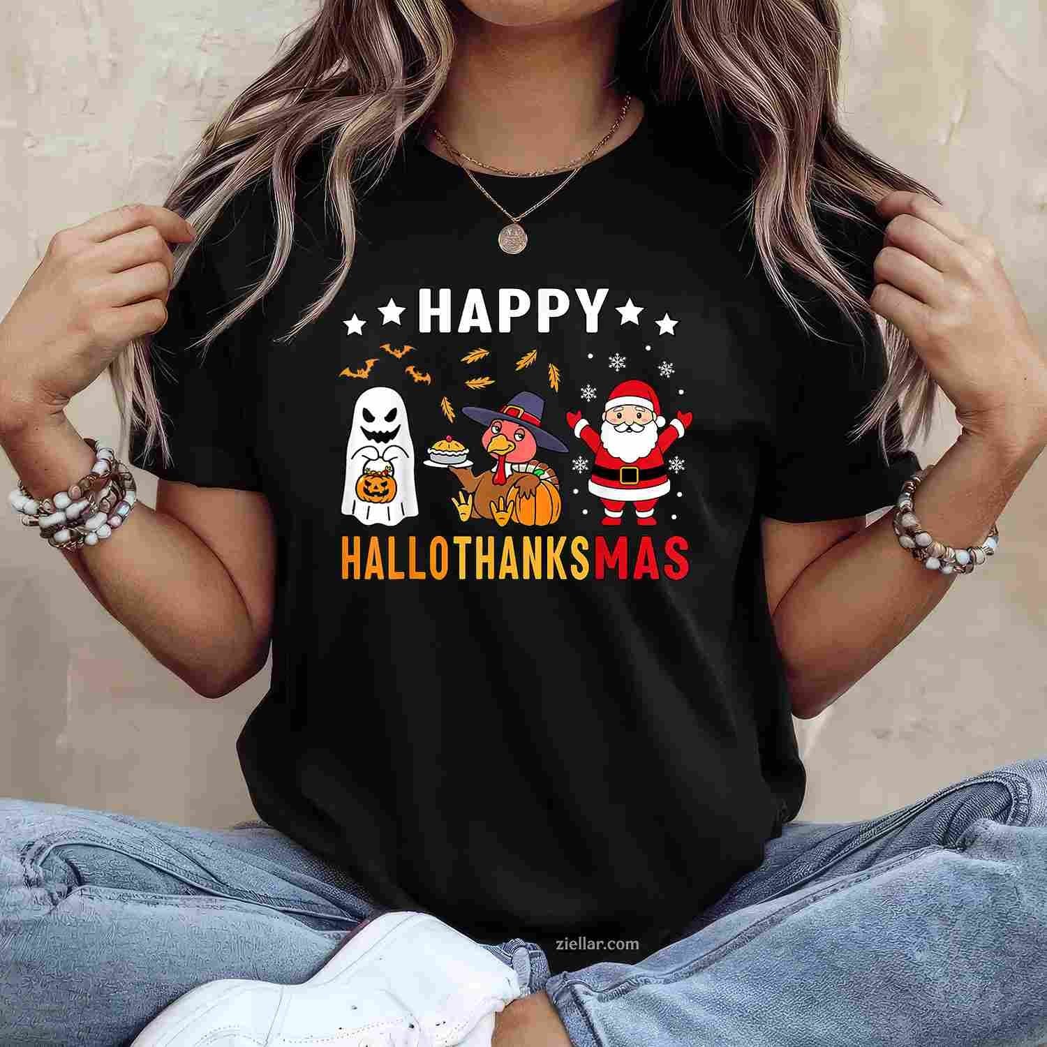 Happy Hallothanksmas Ghost Turkey Pumpkin Christmas Santa Funny Graphic Tee and T-Shirt Gift for Adults Men Women Unisex