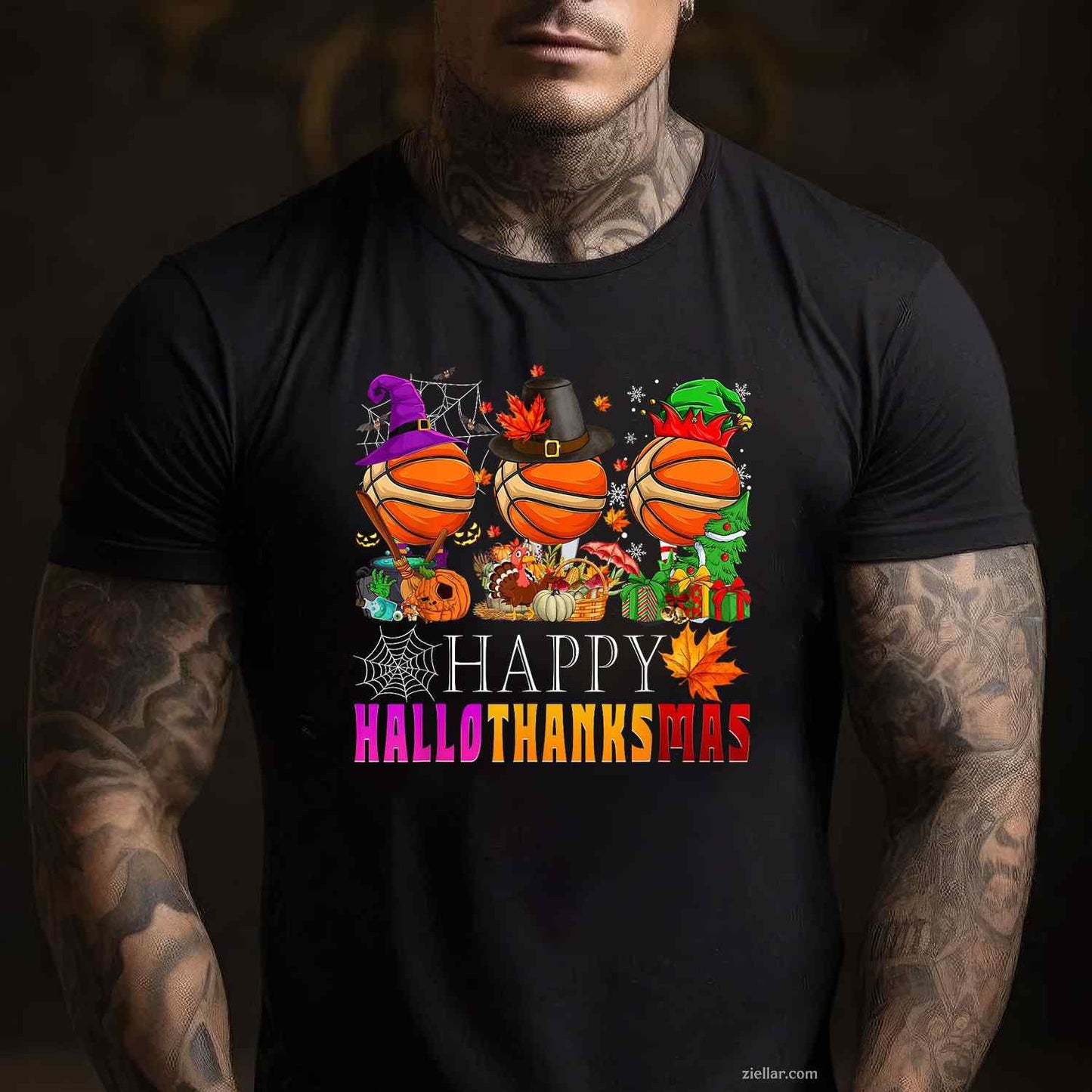 Happy Hallothanksmas Basketball Halloween Thanksgiving Xmas Funny Graphic Tee and T-Shirt Gift for Adults Men Women Unisex