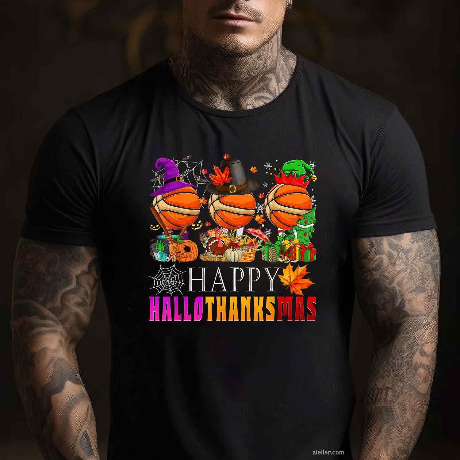 Happy Hallothanksmas Basketball Halloween Thanksgiving Xmas Funny Graphic Tee and T-Shirt Gift for Adults Men Women Unisex