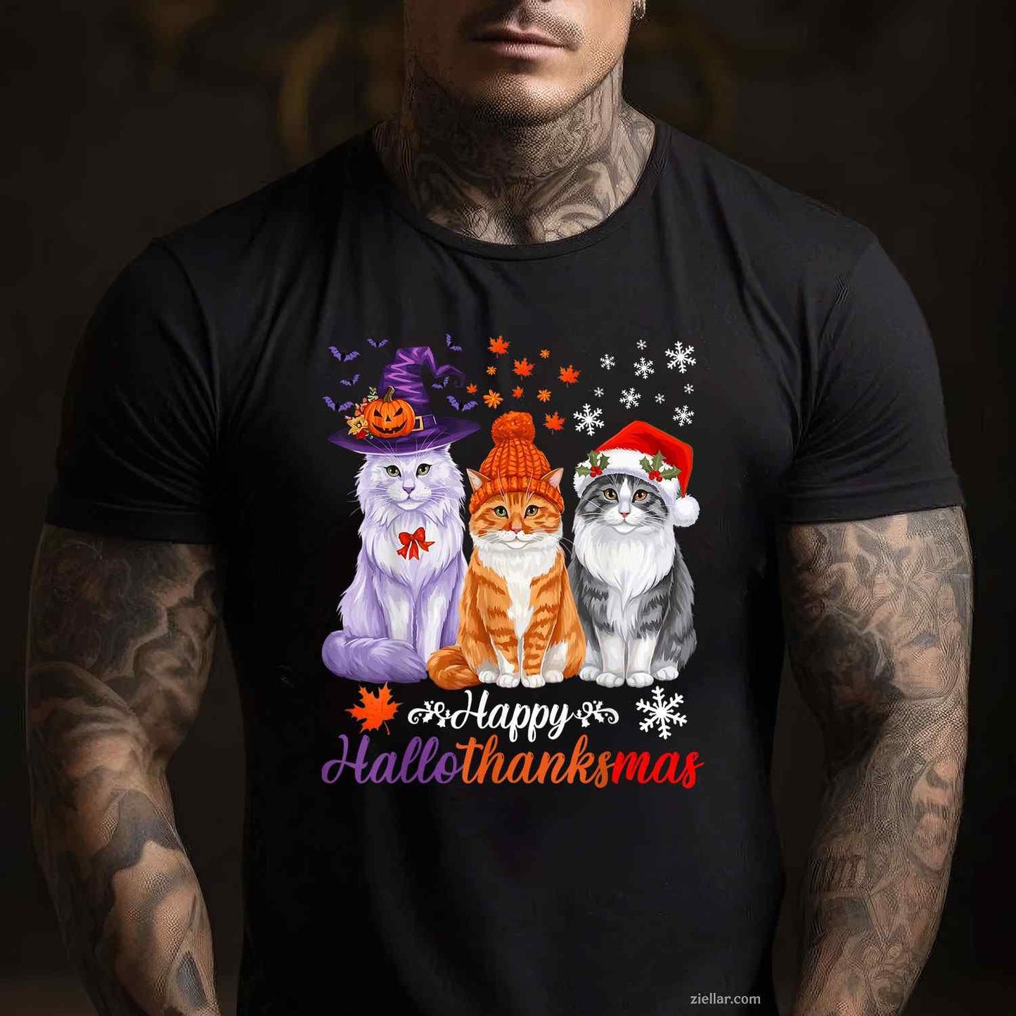 Happy HalloThanksMas Cats Halloween Thanksgiving Christmas Funny Graphic Tee and T-Shirt Gift for Adults Men Women Unisex