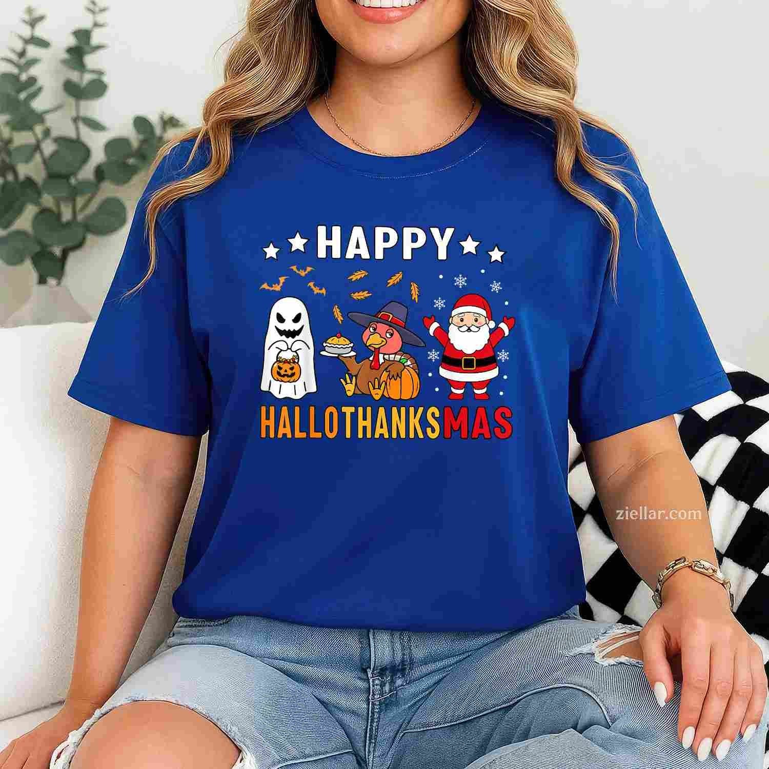 Happy Hallothanksmas Ghost Turkey Pumpkin Christmas Santa Funny Graphic Tee and T-Shirt Gift for Adults Men Women Unisex