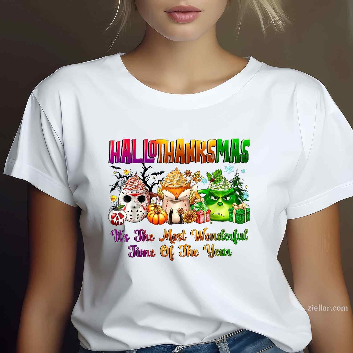 Happy Hallothanksmas Most Wonderful Time Fall Halloween Xmas Funny Graphic Tee and T-Shirt Gift for Adults Men Women Unisex