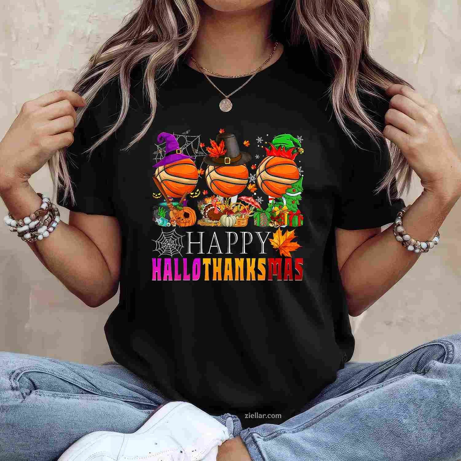 Happy Hallothanksmas Basketball Halloween Thanksgiving Xmas Funny Graphic Tee and T-Shirt Gift for Adults Men Women Unisex