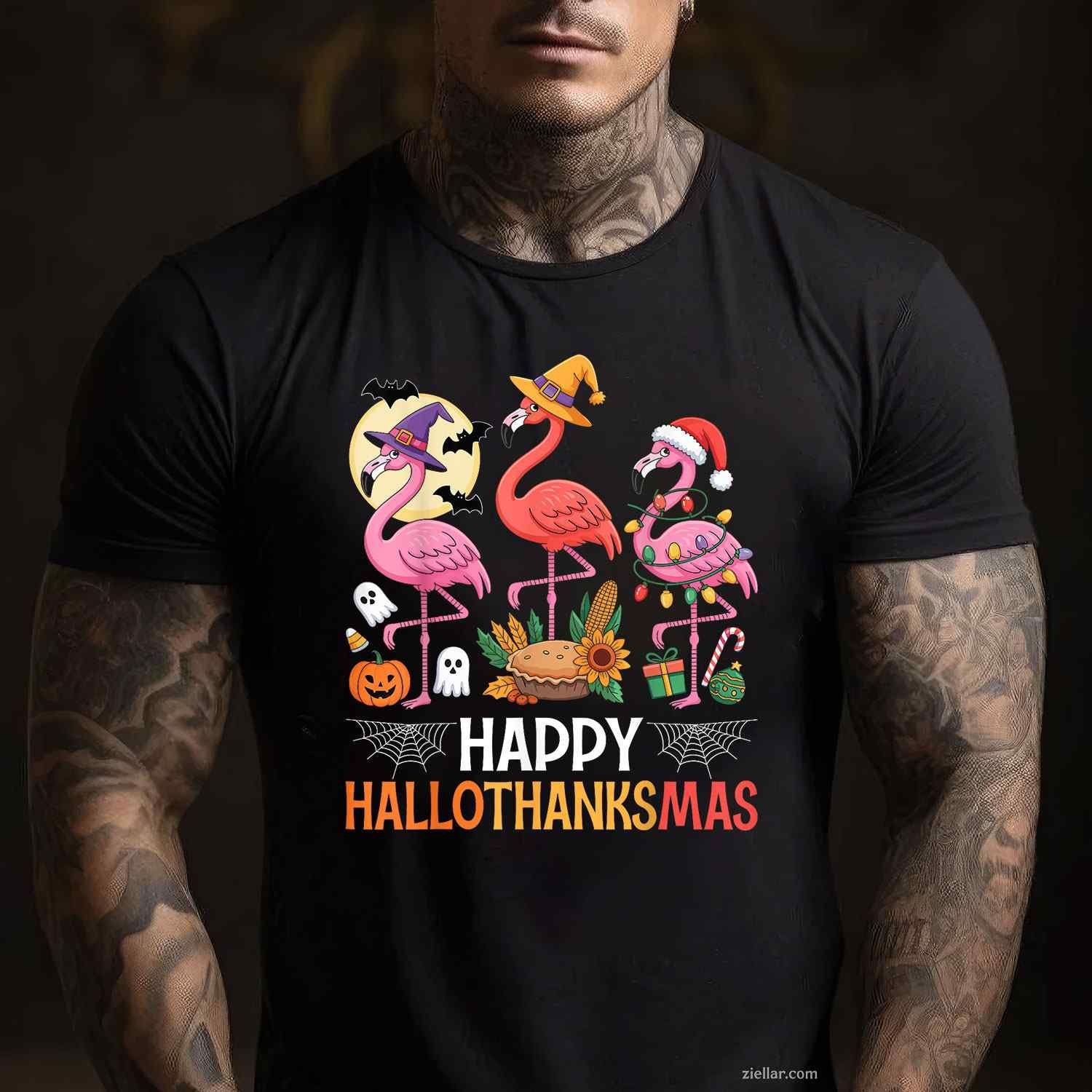Happy Hallothanksmas Xmas Halloween Thanksgiving Flamingo Funny Graphic Tee and T-Shirt Gift for Adults Men Women Unisex